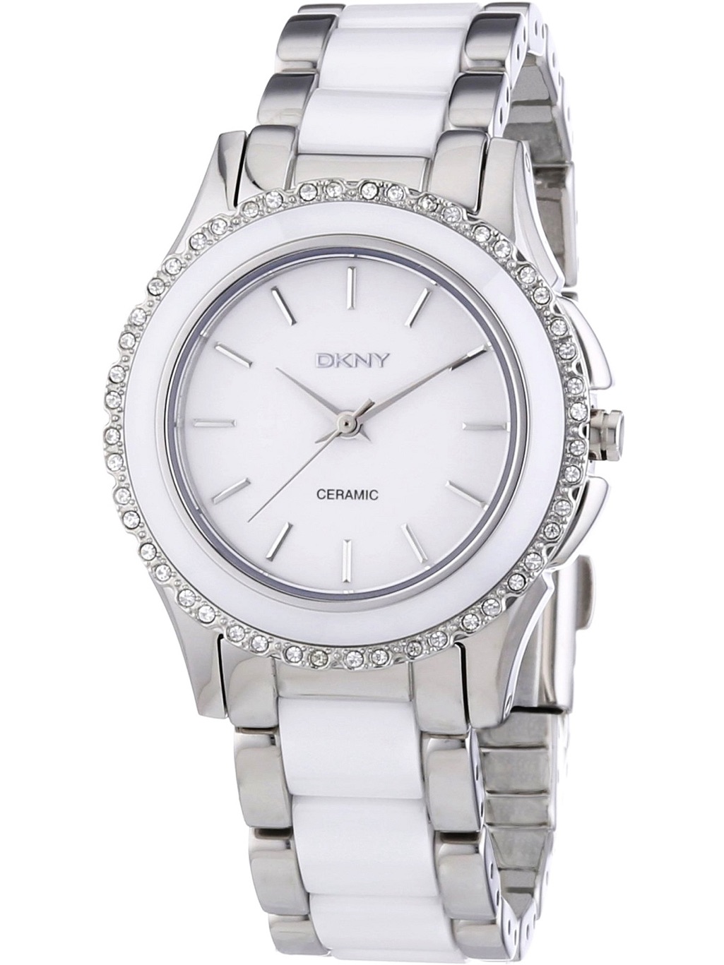 Dkny White  Silver Ceramic Crystal Bezel Ladies Watch